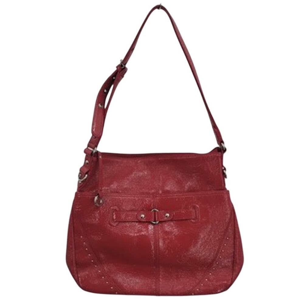 Stone Mountain Cherry Red Patent Leather Shoulder Bag Hobo Silver Studded